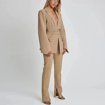 Elegant Trousers Suit Women Slim V-neck Pockets Blazer Full Sleeve Belt Straight Pants Sets Female Solid Sets Lady Spring Autumn