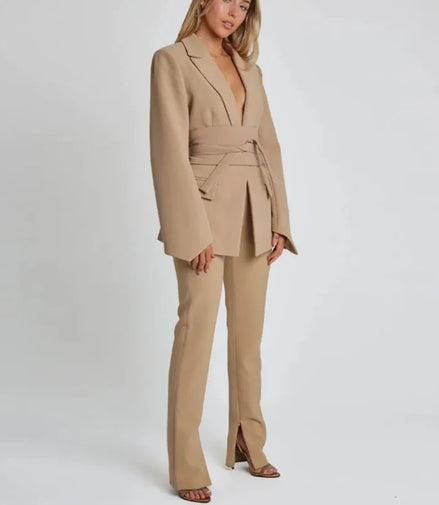 Elegant Trousers Suit Women Slim V-neck Pockets Blazer Full Sleeve Belt Straight Pants Sets Female Solid Sets Lady Spring Autumn