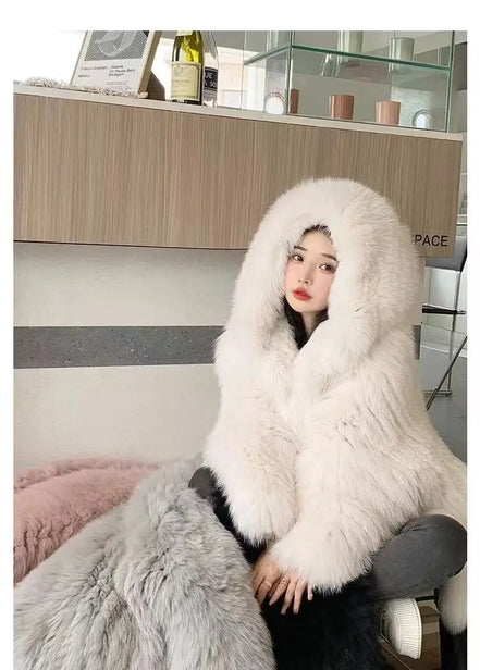Imitation fox fur women's 2024 winter new style hooded loose slimming fur coat trendy street internet celebrity same style