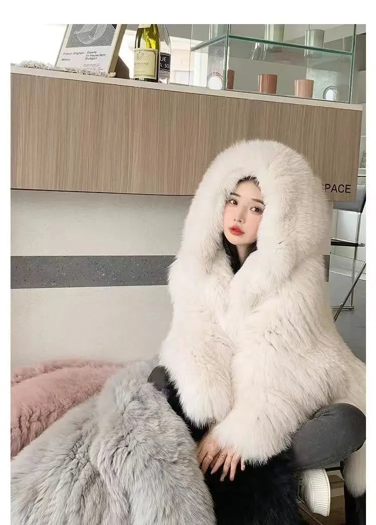 Imitation fox fur women's 2024 winter new style hooded loose slimming fur coat trendy street internet celebrity same style