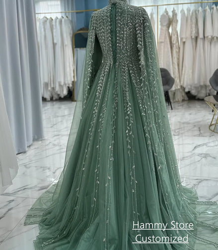 Saudi Arabian Evening Dress فساتين سهرات Customized Modest High Neck Long Sleeves Sparkling Sequined Prom Gown