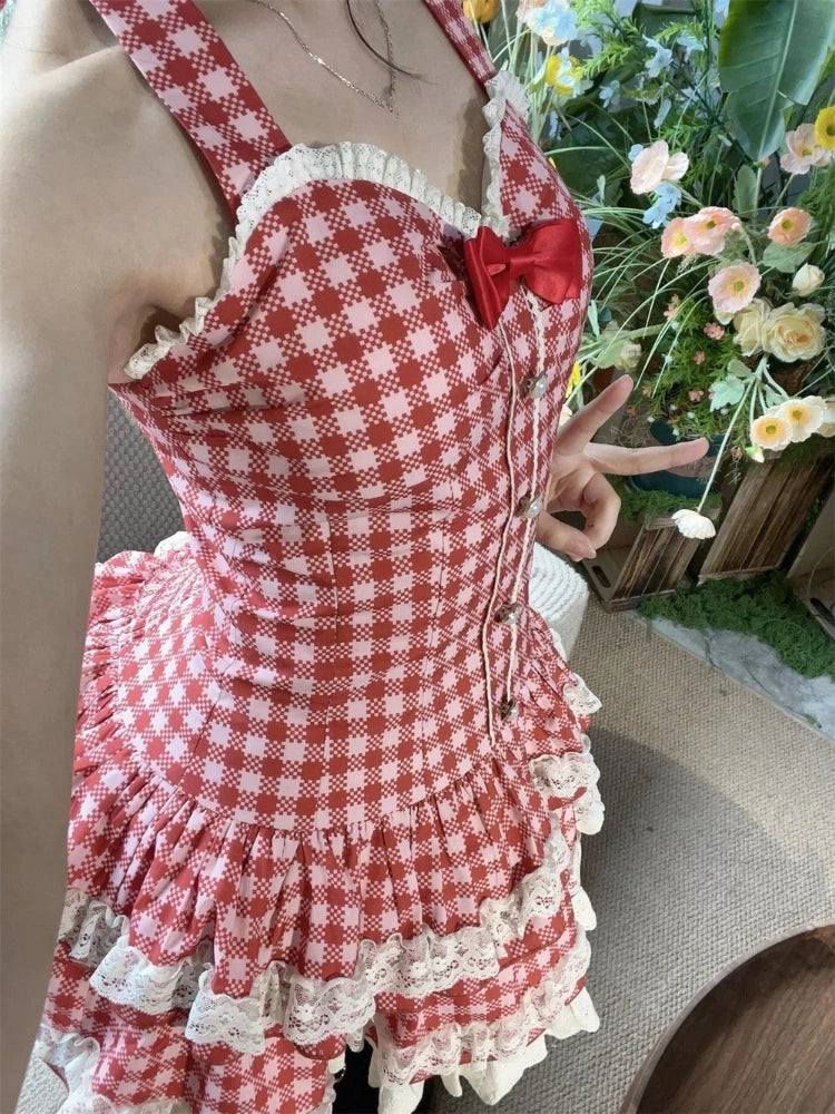 French Style Sweet Halter Dresses for Women Red Plaid Retro Princess Vestidos Mujer Summer Lolita Kawaii Elegant Party Dress