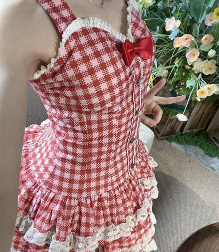 French Style Sweet Halter Dresses for Women Red Plaid Retro Princess Vestidos Mujer Summer Lolita Kawaii Elegant Party Dress