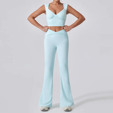 2PCS Women Yoga Set Workout Pant Outfits Fitness Sportswear Gym Tracksuit High Waist Flare Leggings Sports Bra Athletic Wear