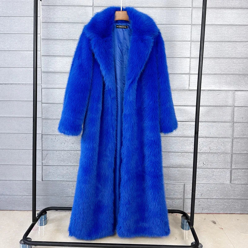 Long Faux Fur Coat Women Autumn Winter Large Jacket Overcoat White Turn Down Collar Pockets Thick Coat Warm Jackets Maxi Coats