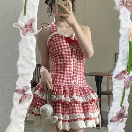 French Style Sweet Halter Dresses for Women Red Plaid Retro Princess Vestidos Mujer Summer Lolita Kawaii Elegant Party Dress