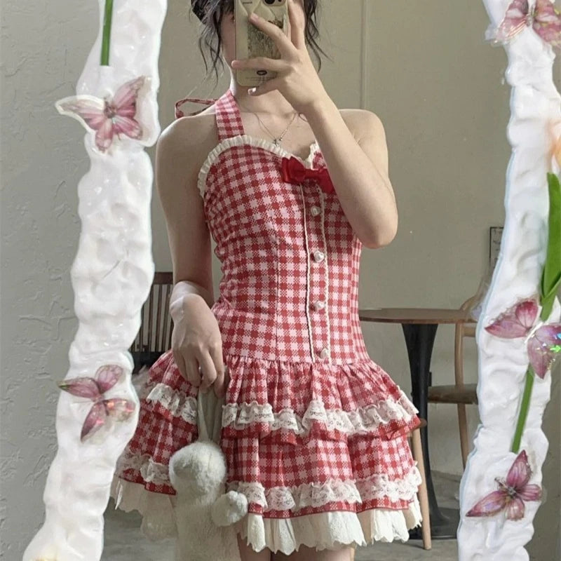 French Style Sweet Halter Dresses for Women Red Plaid Retro Princess Vestidos Mujer Summer Lolita Kawaii Elegant Party Dress