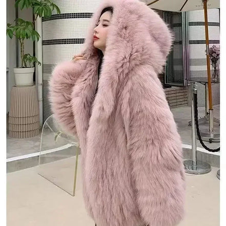 Imitation fox fur women's 2024 winter new style hooded loose slimming fur coat trendy street internet celebrity same style