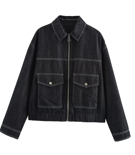 2025 new women's clothing European and American style French fashion versatile denim effect jacket long sleeve coat