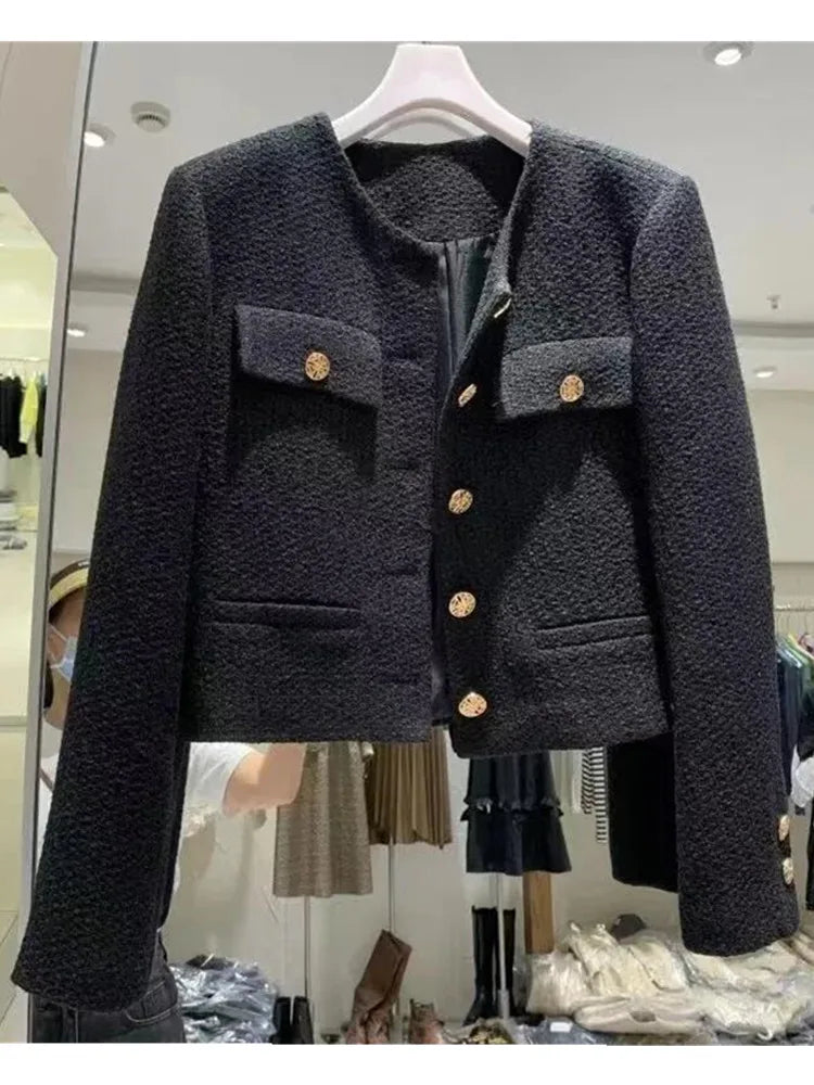 SMTHMA Korean Chic Female Tweed Basic Jacket Coat Women Clothing Runway Style Woolen Outerwear