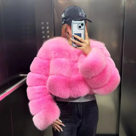 Women Faux Fox Fur Coat Solid Short Jacket V Neck Solid Long Sleeve Thick Warm Fur Office Lady Elegant Casual 2025 Autumn Winter