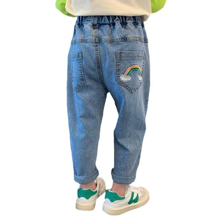 High Waist Jeans Girl Straight Loose Long Pants Spring and Autumn Print Jeans Fashion Kids Denim Trousers For 2-8 Years