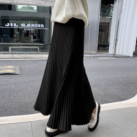 Knitted midi skirt women's A-line skirt high waist wide span mid length skirt