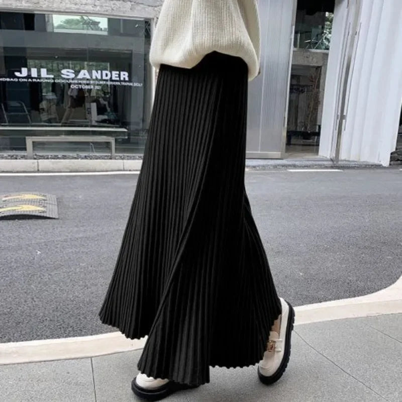 Knitted midi skirt women's A-line skirt high waist wide span mid length skirt