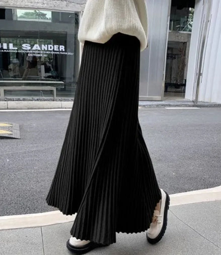 Knitted midi skirt women's A-line skirt high waist wide span mid length skirt
