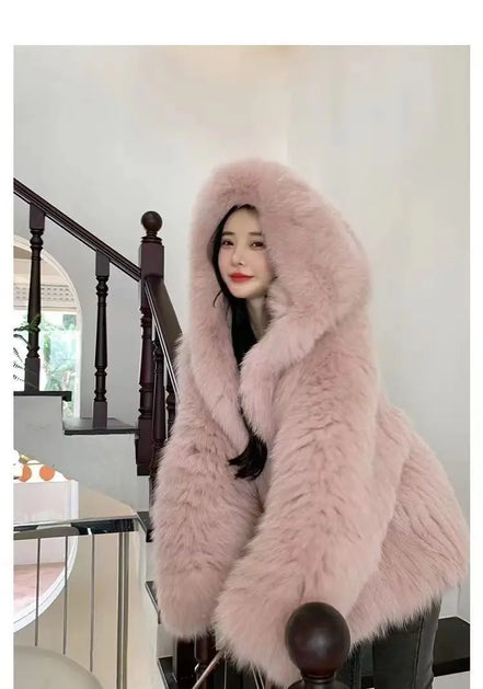 Imitation fox fur women's 2024 winter new style hooded loose slimming fur coat trendy street internet celebrity same style