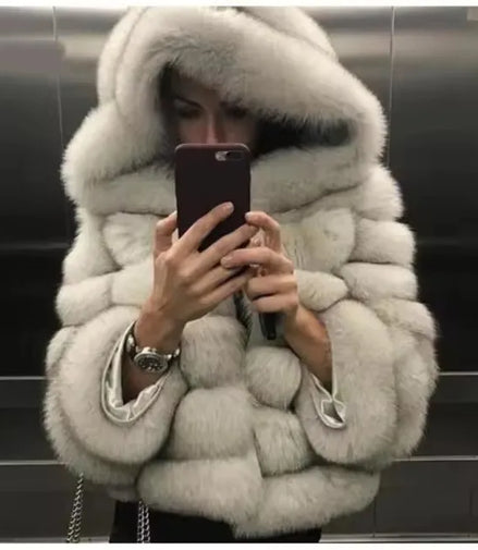 Winter Warm fox fur hooded coat Thick Faux Fur Hooded Jacket luxury women's winter coat faux fur coat High Quality