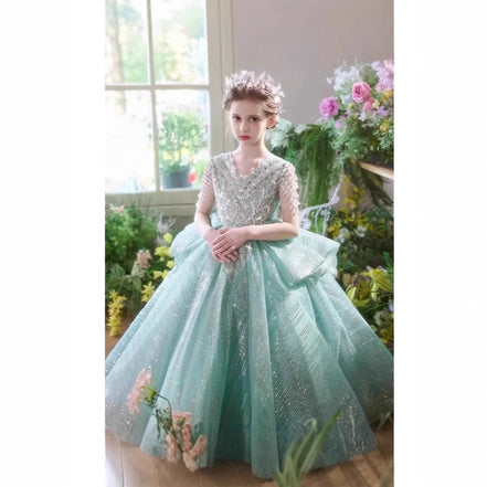 Elegant Girls Formal Dress Floral Green Evening Gown Little Miss Birthday Party Princess Pageant Wedding Flower Girl Piano Gown