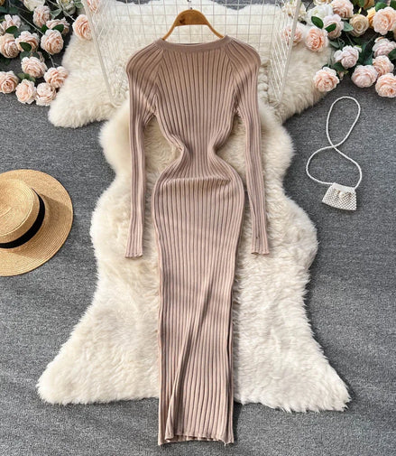 Women Knitted Dress O Neck Sexy Slim Elastic Oversized Basic Bodycon Long Dress Winter knit Warm Sweater Dresses