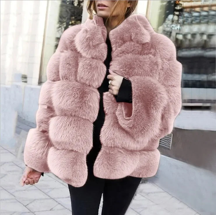 Women Faux Fur Fox Coats Short Coat Stand Collar Slim Fit Full Sleeve Elegant Splice Autumn Winter Thick Warm Open Stitch