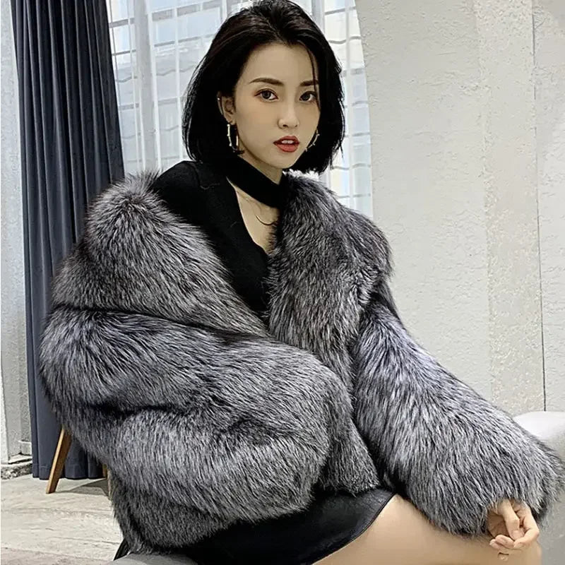 Women's fur coat short style fashion imitation fox hair whole fur coat autumn winter new casual lady jacket