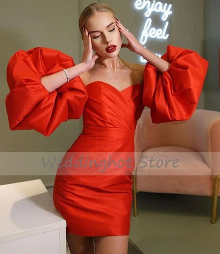 Dusty Pink Satin Evening Party Dresses Detachable Puff Sleeves Sweetheart Pleats Short Prom Gowns 2021 Modern vestidos de fiesta