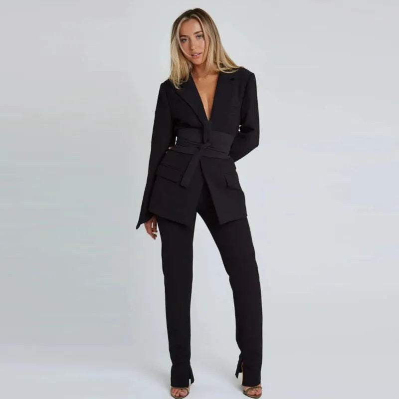 Elegant Trousers Suit Women Slim V-neck Pockets Blazer Full Sleeve Belt Straight Pants Sets Female Solid Sets Lady Spring Autumn