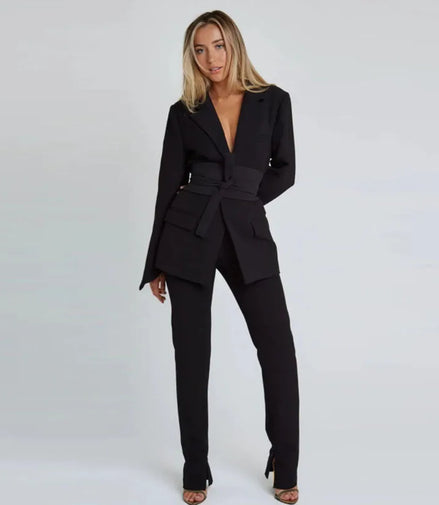 Elegant Trousers Suit Women Slim V-neck Pockets Blazer Full Sleeve Belt Straight Pants Sets Female Solid Sets Lady Spring Autumn