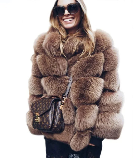 Women Faux Fur Fox Coats Short Coat Stand Collar Slim Fit Full Sleeve Elegant Splice Autumn Winter Thick Warm Open Stitch