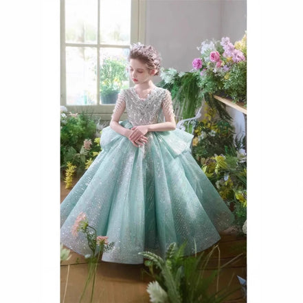 Elegant Girls Formal Dress Floral Green Evening Gown Little Miss Birthday Party Princess Pageant Wedding Flower Girl Piano Gown