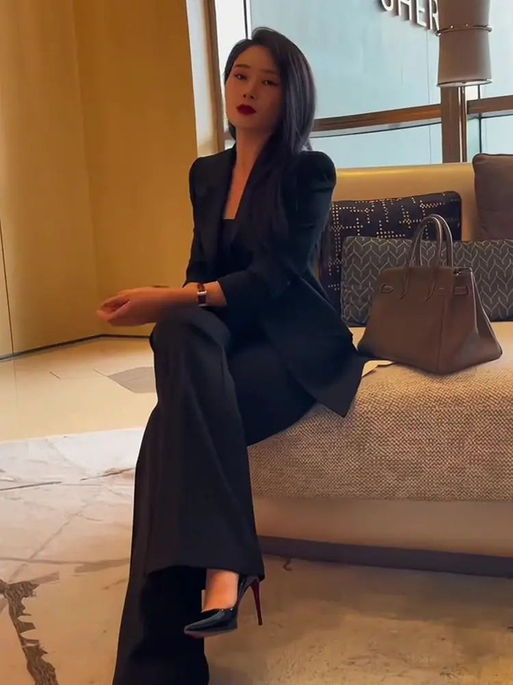 Blazer and Pant Sets for Women 2 Pieces Wear To Work Suits Autumn Winter Trousers Woman Office Professional Black Casual Elegant