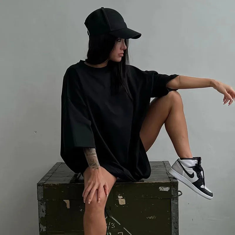 Funny Graphic Tees Oversized Summer O Neck Casual Streetwear T Shirt Women Black Short Sleeve Top Long Chic Basic Clothes