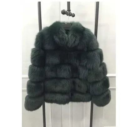 Women Faux Fur Fox Coats Short Coat Stand Collar Slim Fit Full Sleeve Elegant Splice Autumn Winter Thick Warm Open Stitch
