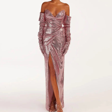 Sequined strapless evening gown in rose color with a thigh slit， Women's sexy sequin open back lace up dress long style