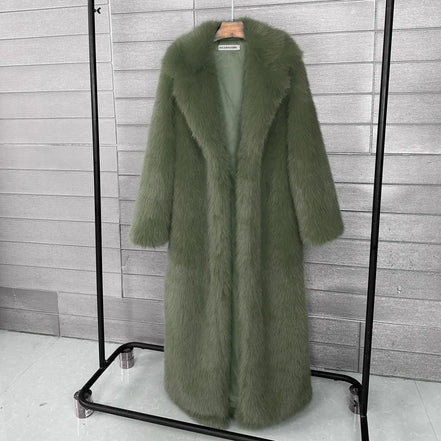 Long Faux Fur Coat Women Autumn Winter Large Jacket Overcoat White Turn Down Collar Pockets Thick Coat Warm Jackets Maxi Coats