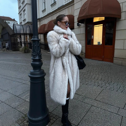 Long Coats Women Faux Fur Jackets Turn Down Collar Coat Thick Warm Y2k Streetwear Jacket Elegant Work Outerwear Autumn Winter