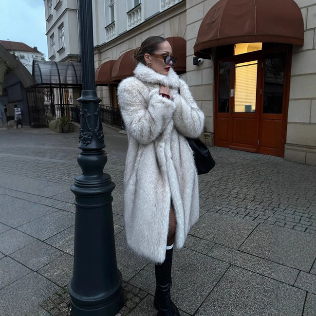 Long Coats Women Faux Fur Jackets Turn Down Collar Coat Thick Warm Y2k Streetwear Jacket Elegant Work Outerwear Autumn Winter