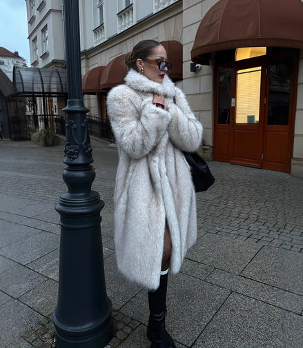 Long Coats Women Faux Fur Jackets Turn Down Collar Coat Thick Warm Y2k Streetwear Jacket Elegant Work Outerwear Autumn Winter