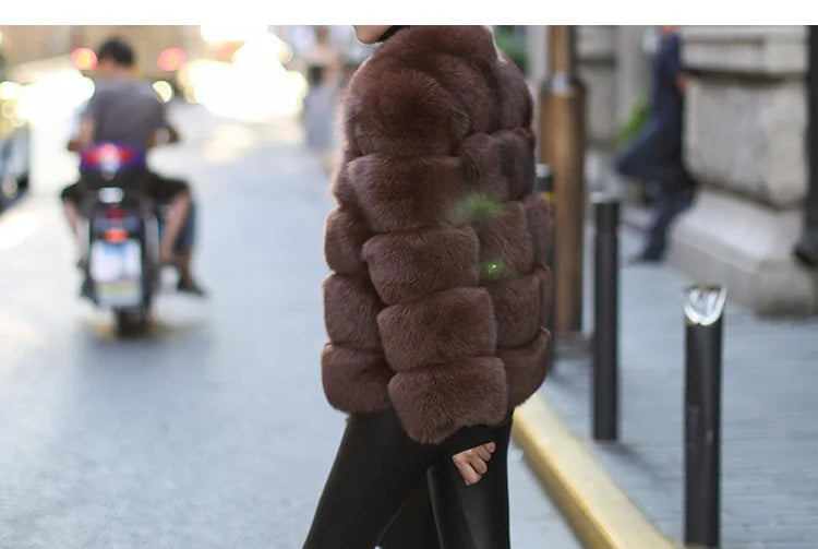 Women Faux Fur Fox Coats Short Coat Stand Collar Slim Fit Full Sleeve Elegant Splice Autumn Winter Thick Warm Open Stitch