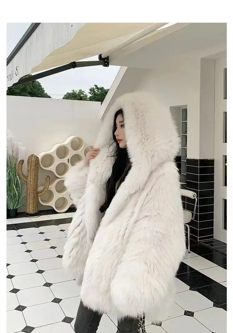 Imitation fox fur women's 2024 winter new style hooded loose slimming fur coat trendy street internet celebrity same style