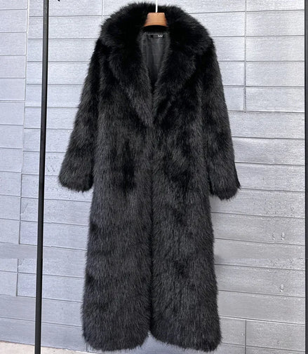 Long Faux Fur Coat Women Autumn Winter Large Jacket Overcoat White Turn Down Collar Pockets Thick Coat Warm Jackets Maxi Coats