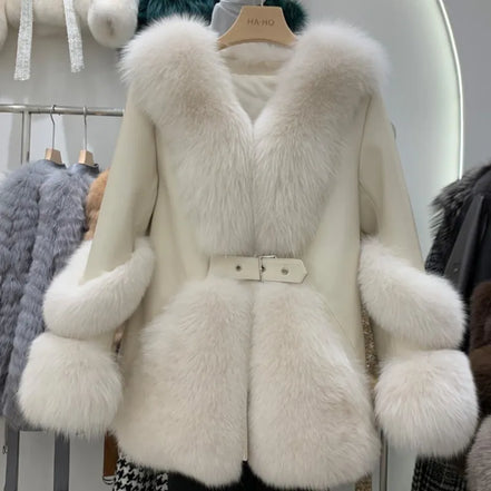 ZDFURS*Fox Fur Fur Coat Women's Mid-Length 2025  New Whole Leather Sheepskin Coat Fashionable Winter Slimming