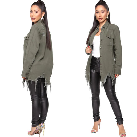 Women Jeans Jackets Spring Summer Ripped Denim Vintage Casual Denim Jacket Long Sleeve Female Chic Coat Streetwear 2024