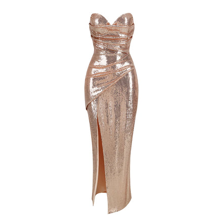 Sequined strapless evening gown in rose color with a thigh slit， Women's sexy sequin open back lace up dress long style
