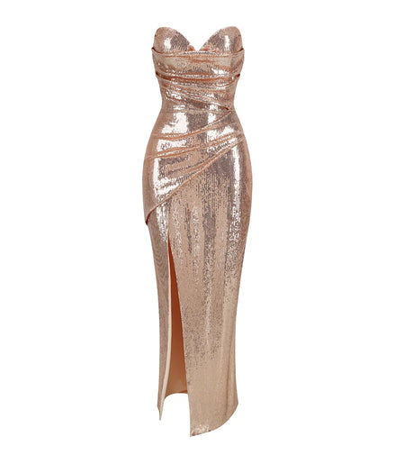 Sequined strapless evening gown in rose color with a thigh slit， Women's sexy sequin open back lace up dress long style