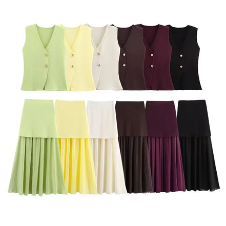 Fashion Knitted Sweater Pullover 2 Piece Set Women Summer Cardigan Knitwear Linen Skirt Suits European American Style Long Dress