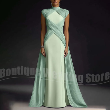 Evening Dresses for Women Fashion Pleated Draped Prom Gowns Slim Elegant High Collar Sleeveless Floor Length Party Dresses