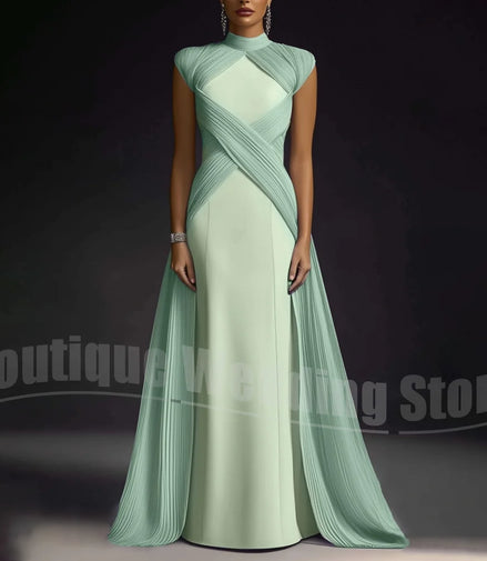 Evening Dresses for Women Fashion Pleated Draped Prom Gowns Slim Elegant High Collar Sleeveless Floor Length Party Dresses
