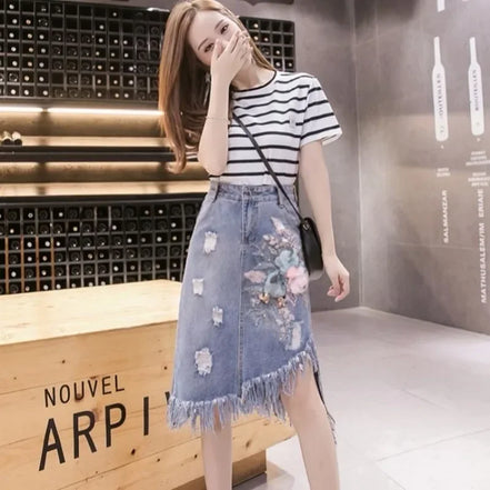 Jeans Skirts for Women Midi Woman Denim Skirt Chubby High Waist Fringe Cheap Clothing Sales Aesthetic A Line Modest Korean Style