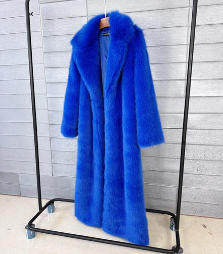 Long Faux Fur Coat Women Autumn Winter Large Jacket Overcoat White Turn Down Collar Pockets Thick Coat Warm Jackets Maxi Coats